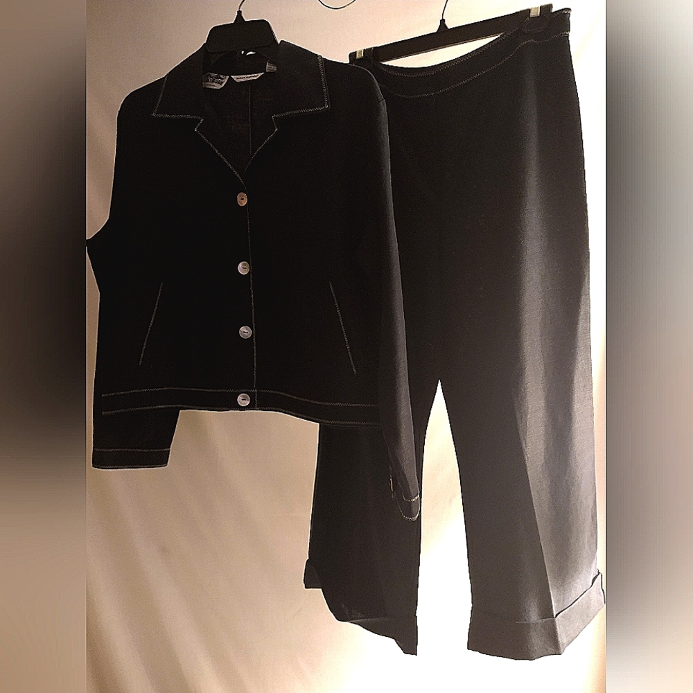 RICHARD MALCOLM BLACK IRISH LINEN JACKET & WIDE-LEG PANTS SUIT XL & 14(USA)